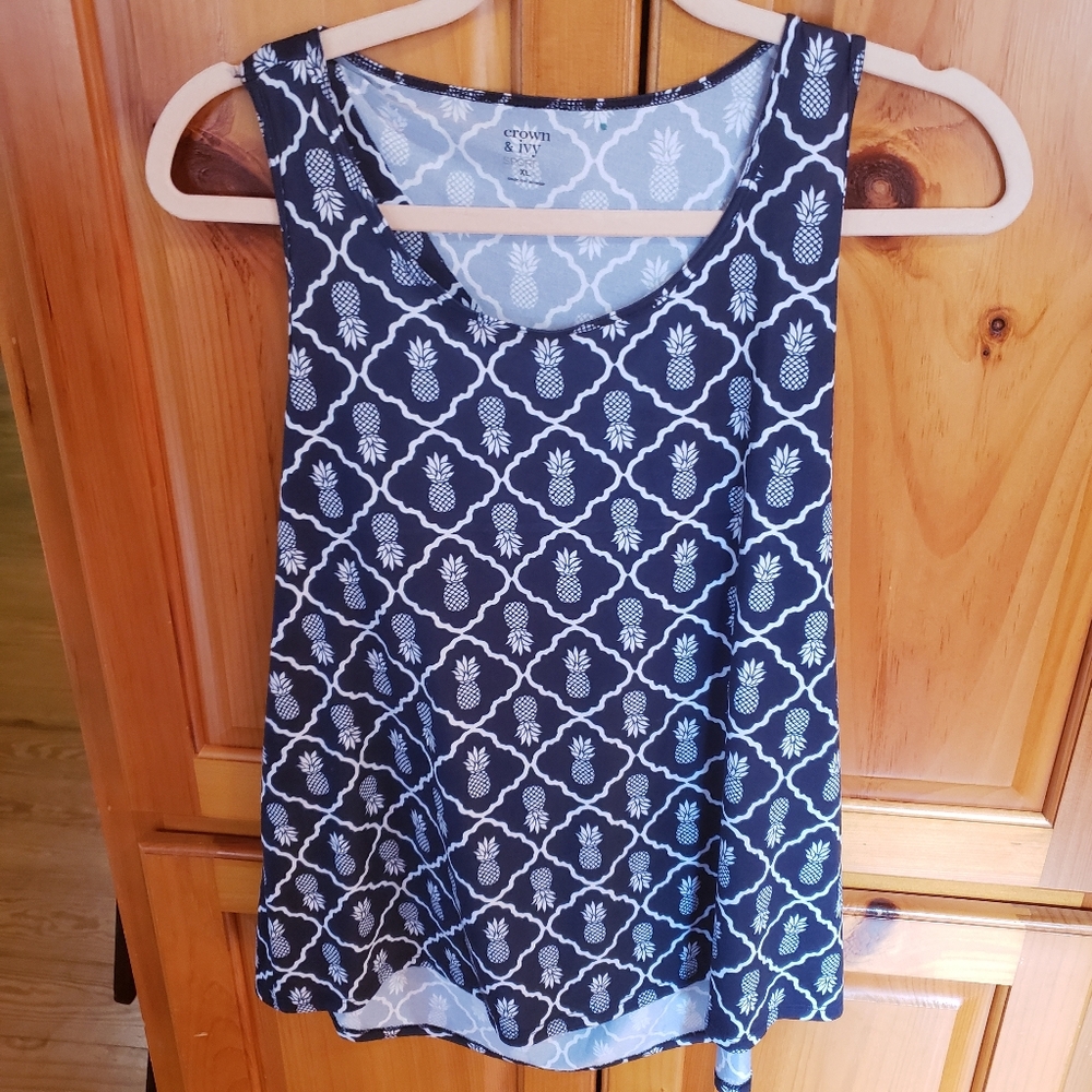 Crown Ivy Navy and White Pineapple Tank Top